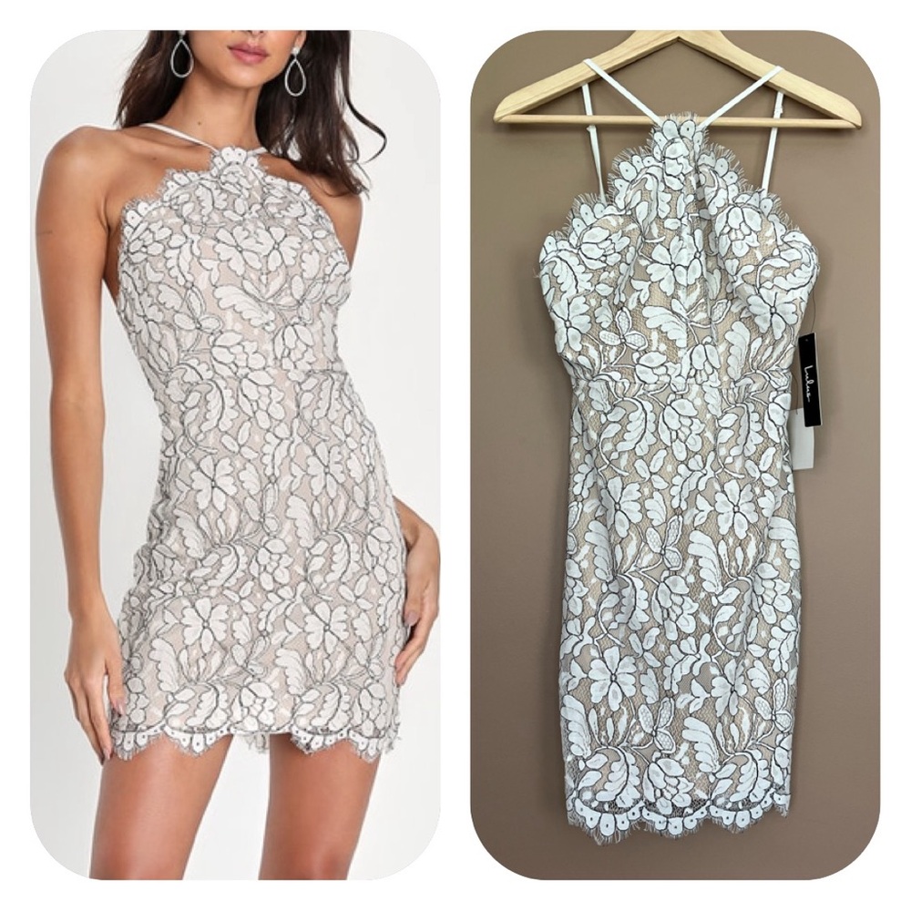 {Lulus} Delicate Darling Lace Bodycon Dress in Ivory & Beige - Size Small - NWT